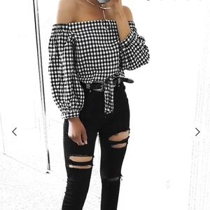 Black and White Gingham off shoulder shirt